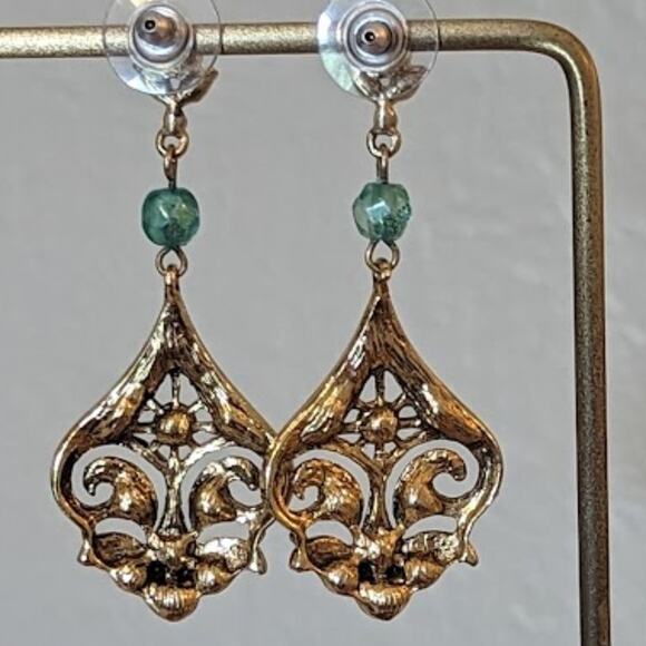 Gold Tone Filigree Blue and Green Crystal Dangle Earrings - Picture 4 of 4